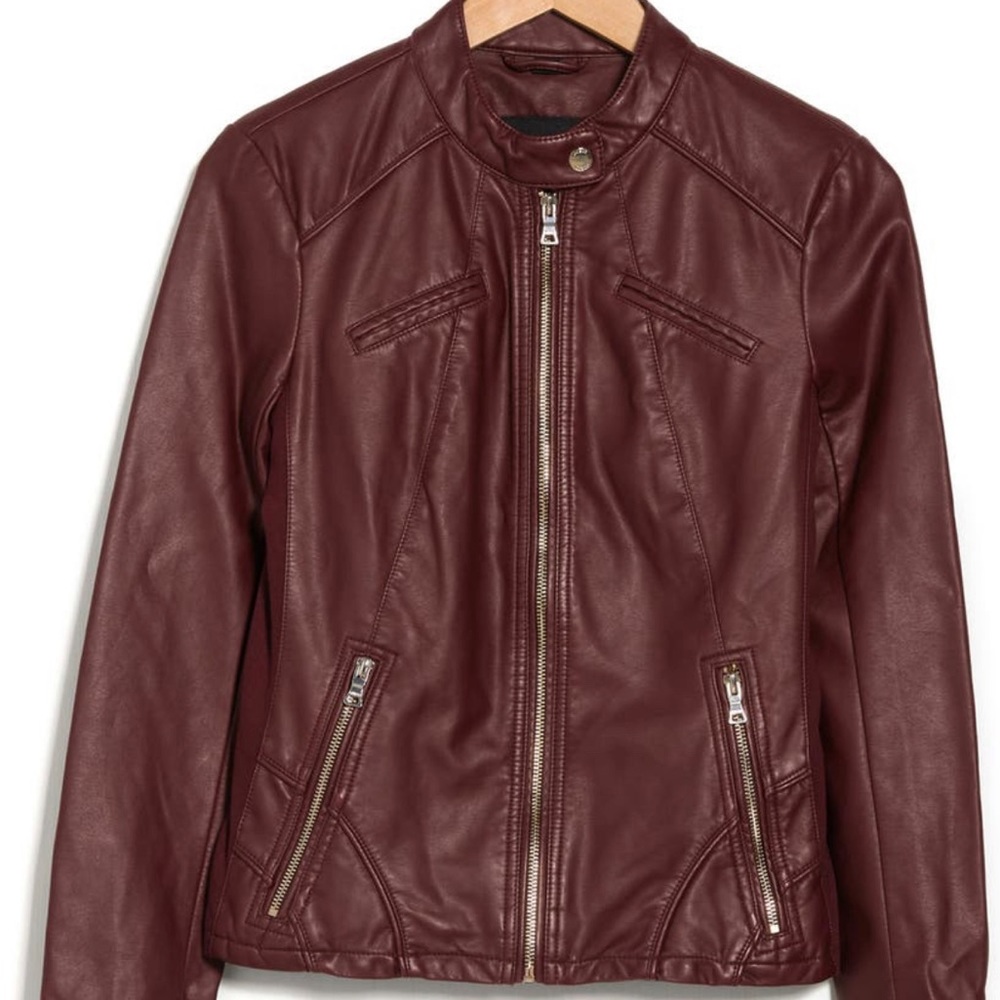 GUESS Burgundy Faux Leather Racer Jacket / S